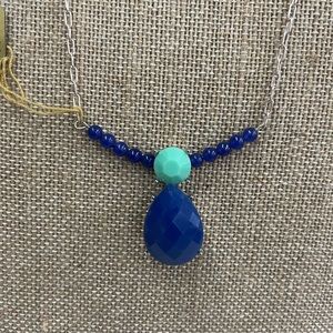 Turquoise and blue with silver tone chain.